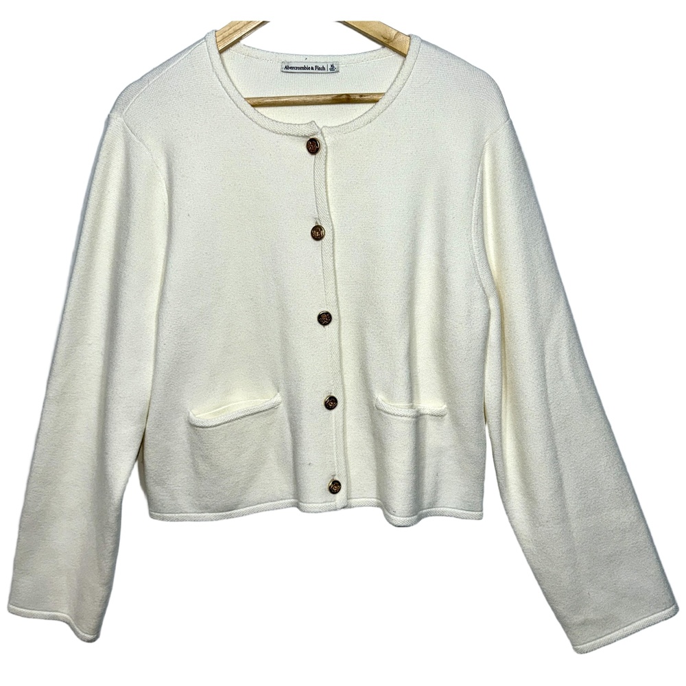 Abercrombie & Fitch Cream Knit Gold Button Long Sleeve Cardigan Sweater Size XL